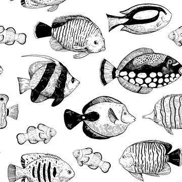 Seamless pattern with coral tropical fish. Hand-drawn vector ornament for d.. Stockillustratie