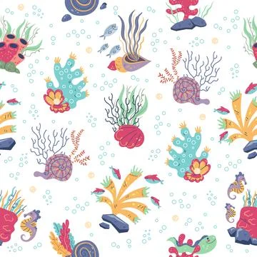 Seamless pattern with corals and seaweeds. Underwater inhabitants, fish and Illustrazione stock