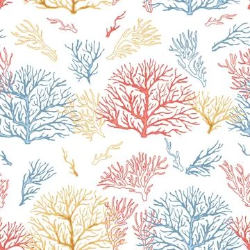 Seamless pattern with corals. Marine texture with algae in flat style. Suit.. Stock Illustration