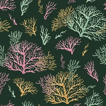 Seamless pattern with corals. Marine texture with algae in flat style. Suit.. Stock Illustration