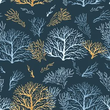 Seamless pattern with corals. Marine texture with algae in flat style. Suitab Stock Illustration