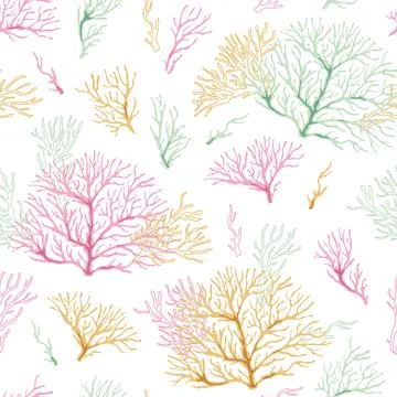 Seamless pattern with corals. Marine texture with algae in flat style. Suitab 스톡 일러스트