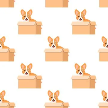 Seamless pattern of a corgi dog in a box , adoption Stock Illustration
