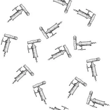 Seamless pattern Corkscrew opening wine bottle sketch drawing Stock Illustration