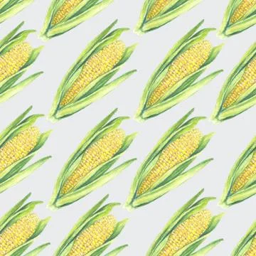 Seamless Pattern of corn cobs with leaves on gray background. Eco vegetables Stock Illustration
