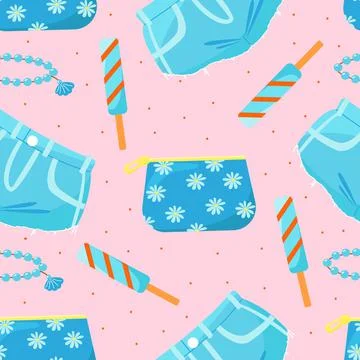 Seamless pattern with cosmetic bag, denim shorts and ice cream, cute girl's p Stock Illustration