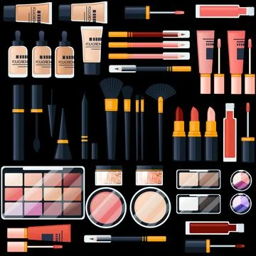 Seamless pattern of cosmetic items vector illustration on dark background Stock Illustration