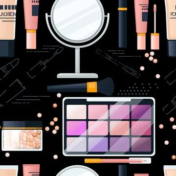 Seamless pattern of cosmetic items vector illustration on dark background Stock Illustration