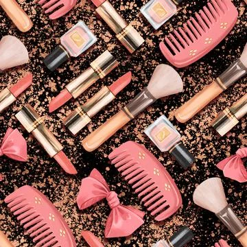 Seamless pattern with cosmetics. Background with makeup tools Stock Illustration