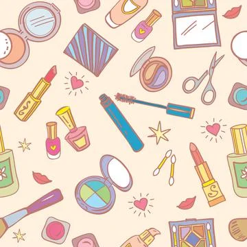Seamless pattern with cosmetics, beauty accessories, hearts and smiles. Stock Illustration