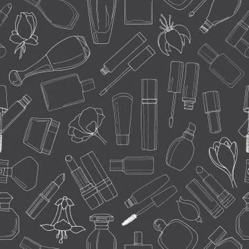 Seamless pattern with cosmetics. Lipsticks, mascara, cream. Stock Illustration