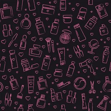 Seamless pattern with cosmetics, perfume, mirror, lipstick, mascara. Stock-Illustration