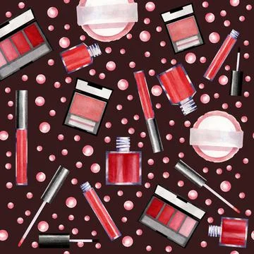 Seamless pattern with cosmetics. Watercolor background with lipstick, ink, va Stock Illustration