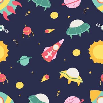 Seamless pattern with cosmic elements. Ship, rocket, flying saucer, planet, sun Stock Illustration