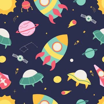 Seamless pattern with cosmic elements. Ship, rocket, flying saucer, planet, sun Stockillustratie