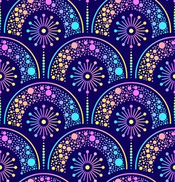 Seamless pattern with cosmic gradient dandelions and rainbows. 스톡 일러스트