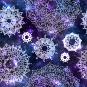 Seamless pattern of cosmic texture and white glowing mandala. Geometric circl Stock Photos