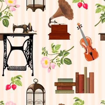 Seamless pattern with cosy vintage objects. Old sewing machine,  Stock Illustration