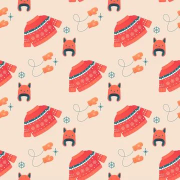 Seamless pattern cosy with winter accessories, jumper, hat, scarf, mugs. Stock Illustration