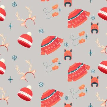 Seamless pattern cosy with winter accessories, jumper, hat, scarf, mugs. Illustrazione stock