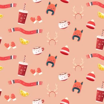 Seamless pattern cosy with winter accessories, jumper, hat, scarf, mugs. Stock Illustration