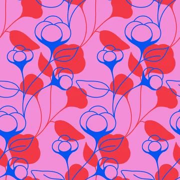Seamless pattern cotton boll on a stalk pink blue red color. Floral organic n Stock Illustration