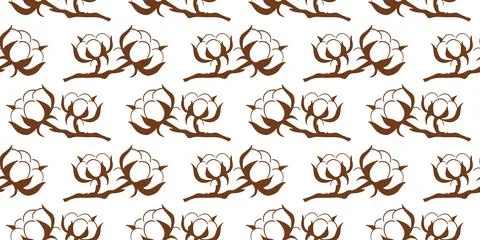 Seamless pattern with cotton branch in a simple line art style. Design on white Stock Illustration