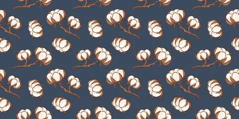 Seamless pattern with cotton flower on branch on dark background in flat style Stock Illustration