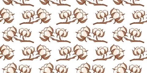 Seamless pattern with cotton flower on branch in flat style. Background for Stock Illustration