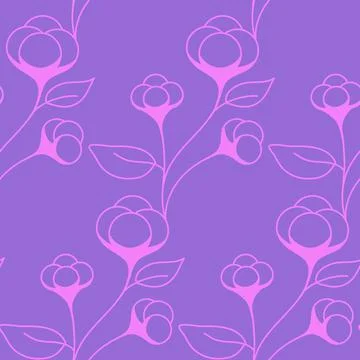 Seamless pattern with cotton flower on a twig with leaves, lilac pink color.  Stock Illustration