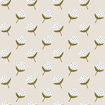 Seamless pattern with cotton flowers in doodle style. Cute minimal hand drawn Stock Illustration
