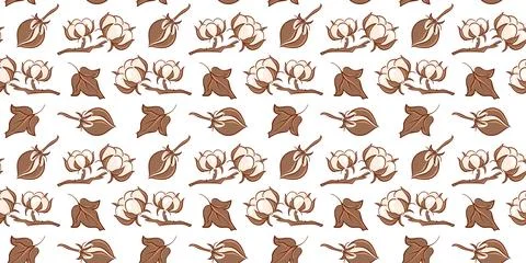 Seamless pattern with cotton plant and abstract leaves. Natural fiber and Stock Illustration