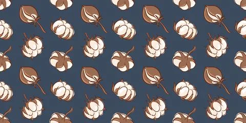 Seamless pattern with cotton plant on dark blue background. Botanical harvest Stock Illustration