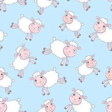 Seamless pattern of counting sheep to fall asleep. Cartoon happy jumping sheep Stock Illustration