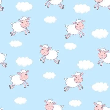 Seamless pattern of counting sheep to fall asleep. Cartoon happy jumping sheep Illustrazione stock