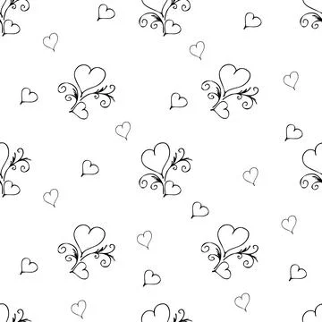 Seamless pattern Couple of black outline hearts. Hand drawn doodle texture .. Stock Illustration