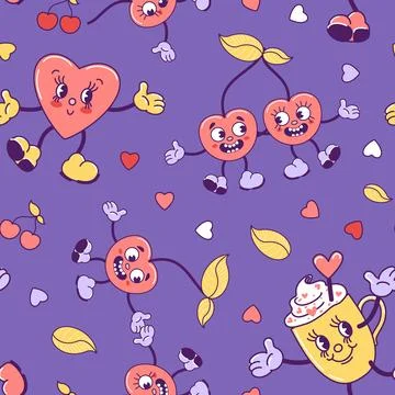Seamless pattern A couple of cherries in love, coffee mug, heart. Trendy old Stock Illustration