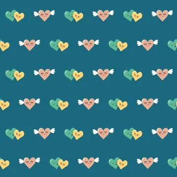 Seamless pattern of couple hearts and heart with wings on a blue background Stock Illustration