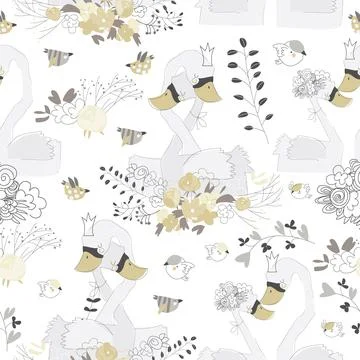Seamless pattern with couple of swans hugging in flowers Ilustração Stock