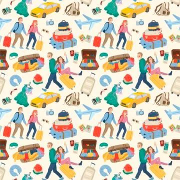 Seamless pattern. Couples traveling together with luggage. Travel concept Stock Illustration