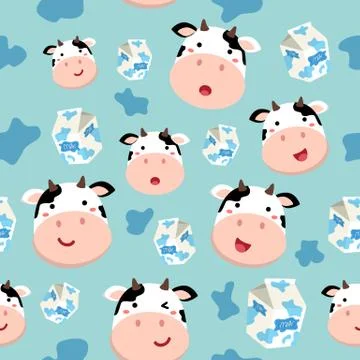 Seamless Pattern Cow and Plain Milk Carton on Spotted Blue Background Stock Illustration