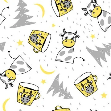 Seamless pattern with cow, christmas tree and mug Stock Illustration