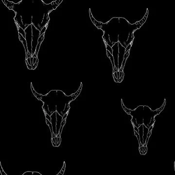Seamless pattern of cow skulls. Vector background. Hand-drawn style. Illustrazione stock