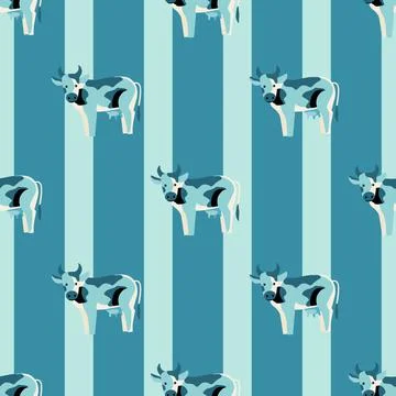 Seamless pattern cow on striped blue background. Texture of farm animals for  Illustrazione stock