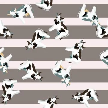 Seamless pattern cow on striped pink gray background. Texture of farm animals Stock Illustration