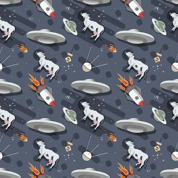 Seamless pattern cow with UFO in outer space flat childrens doodle Stock Illustration
