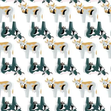 Seamless pattern cow on white background. Texture of farm animals for any pur Illustrazione stock