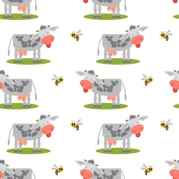 Seamless pattern with cows and bees. Stock Illustration