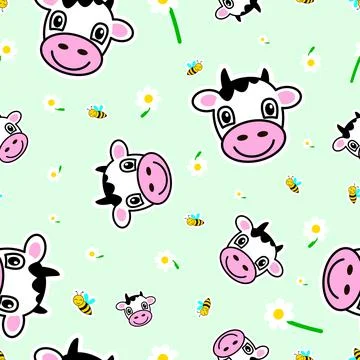 Seamless pattern, cows, bees and chamomile - Vector Stock Illustration