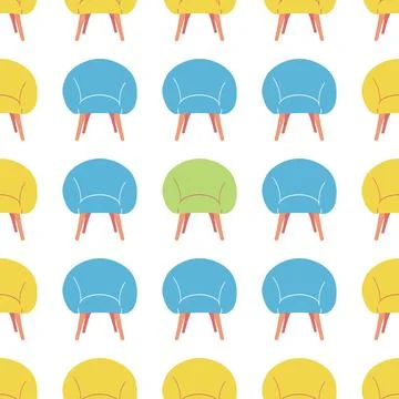 Seamless pattern of cozy armchairs. Multicolored upholstery. Comfortable chair Stock Illustration
